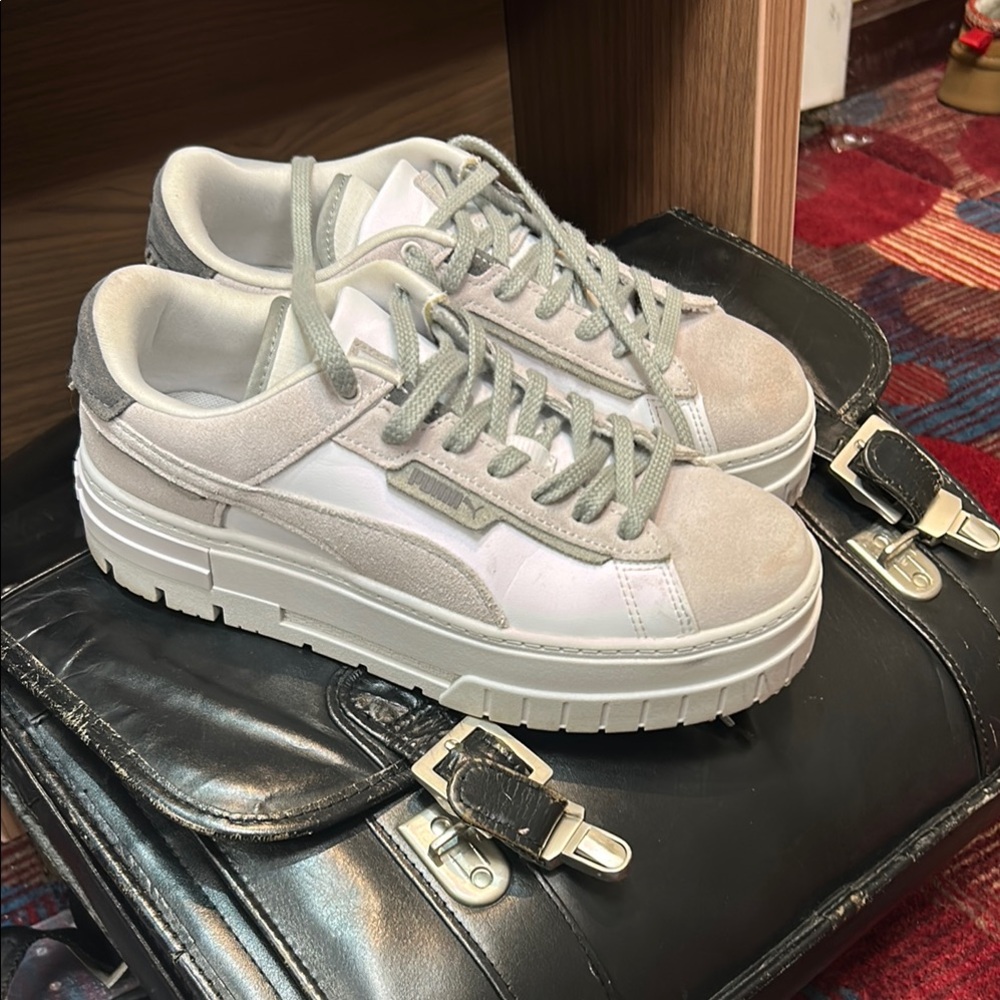PUMA White and Gray Platform Sneakers with Padded Design